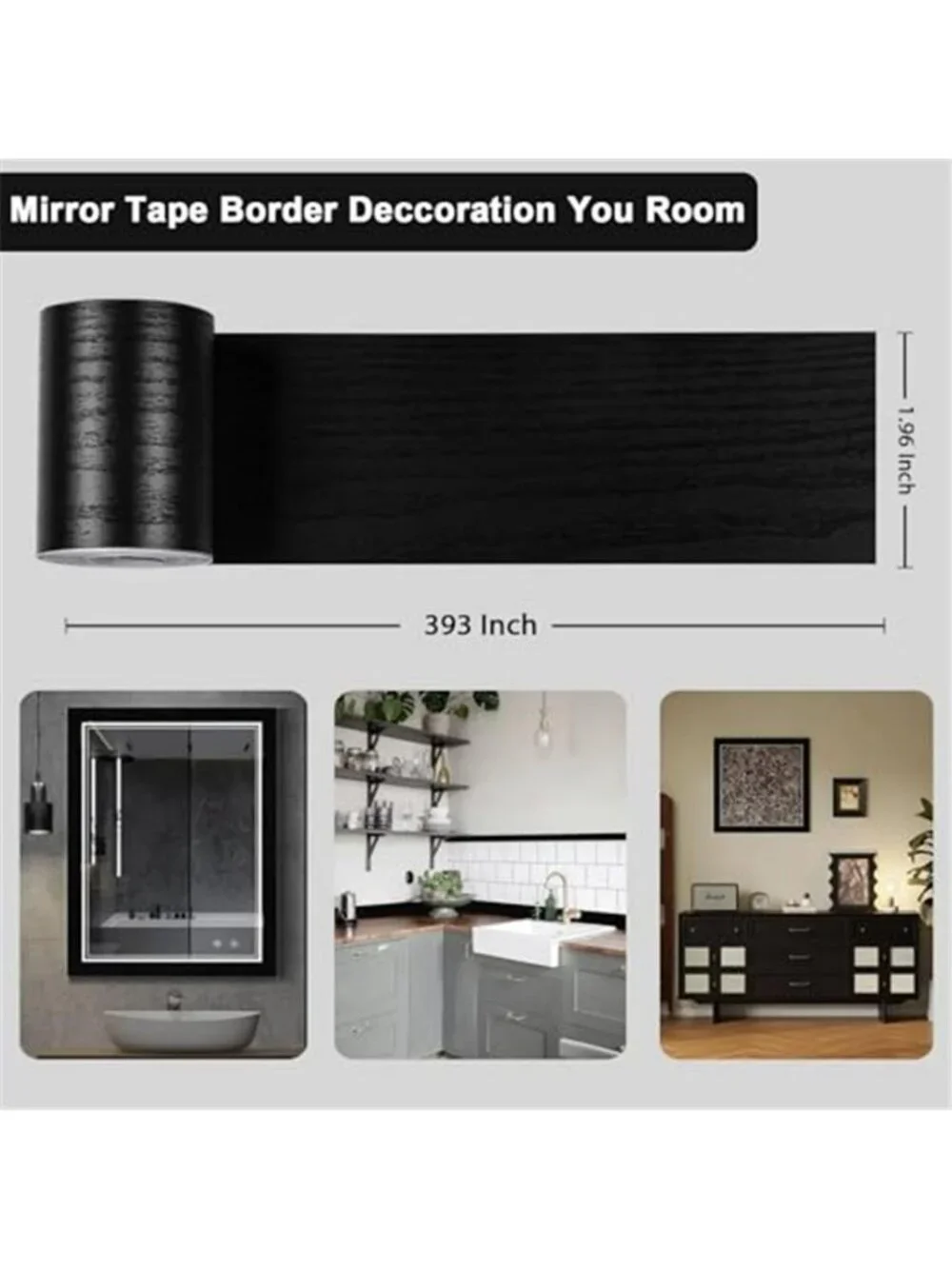 10M Black Wood Grain Mirror Frame Border Peel and Stick Wallpaper,